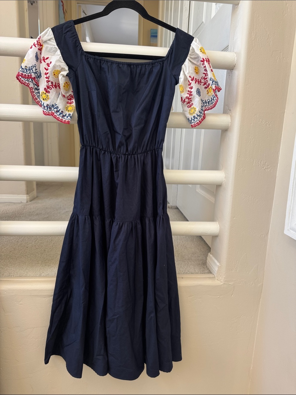 Isola Navy Midi Dress with Embroidered Puff Sleeves